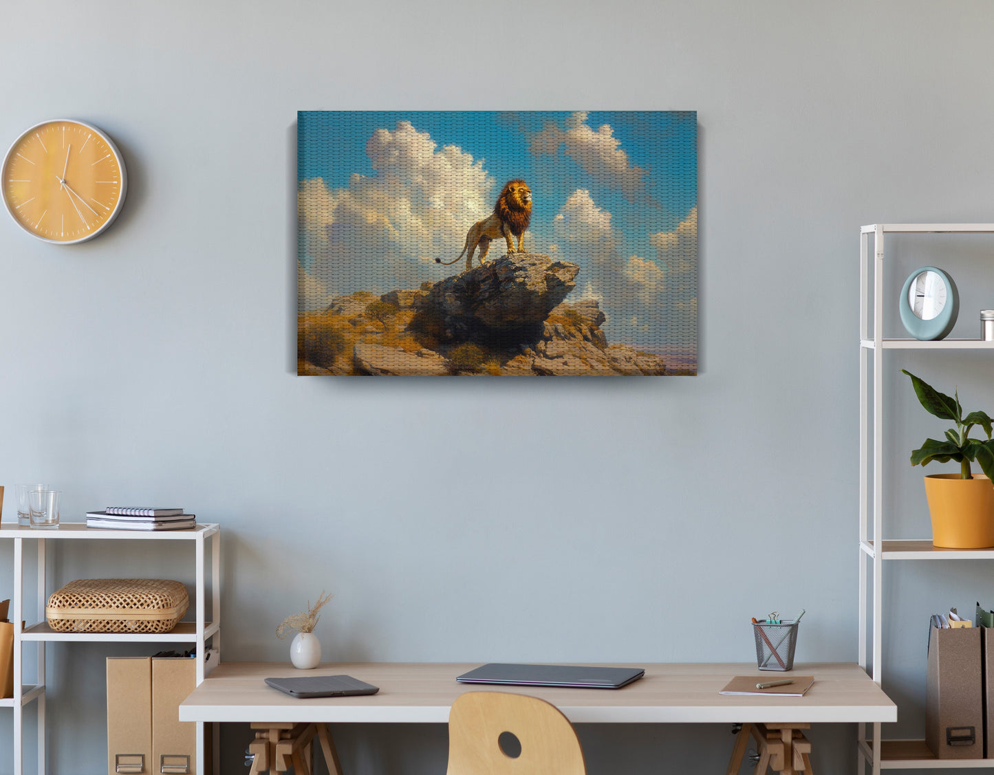 Majestic Lion Safari African American canvas print displayed as office wall decor