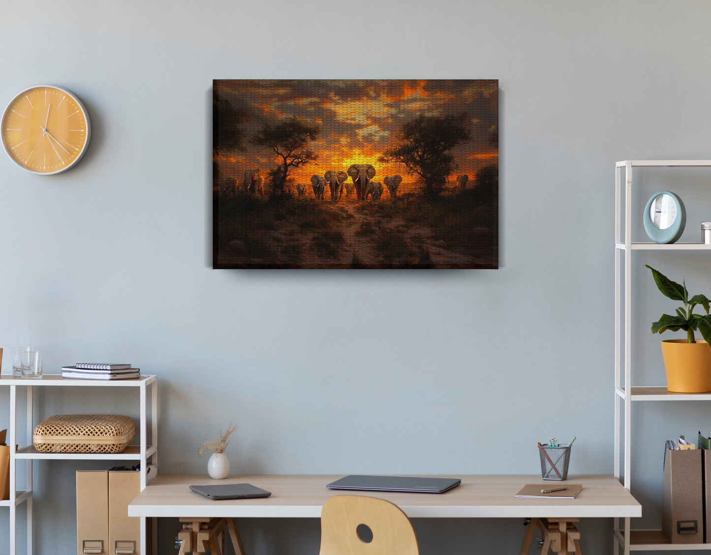Elephant Sunset Safari Black Black culture wall art displayed as office wall decor