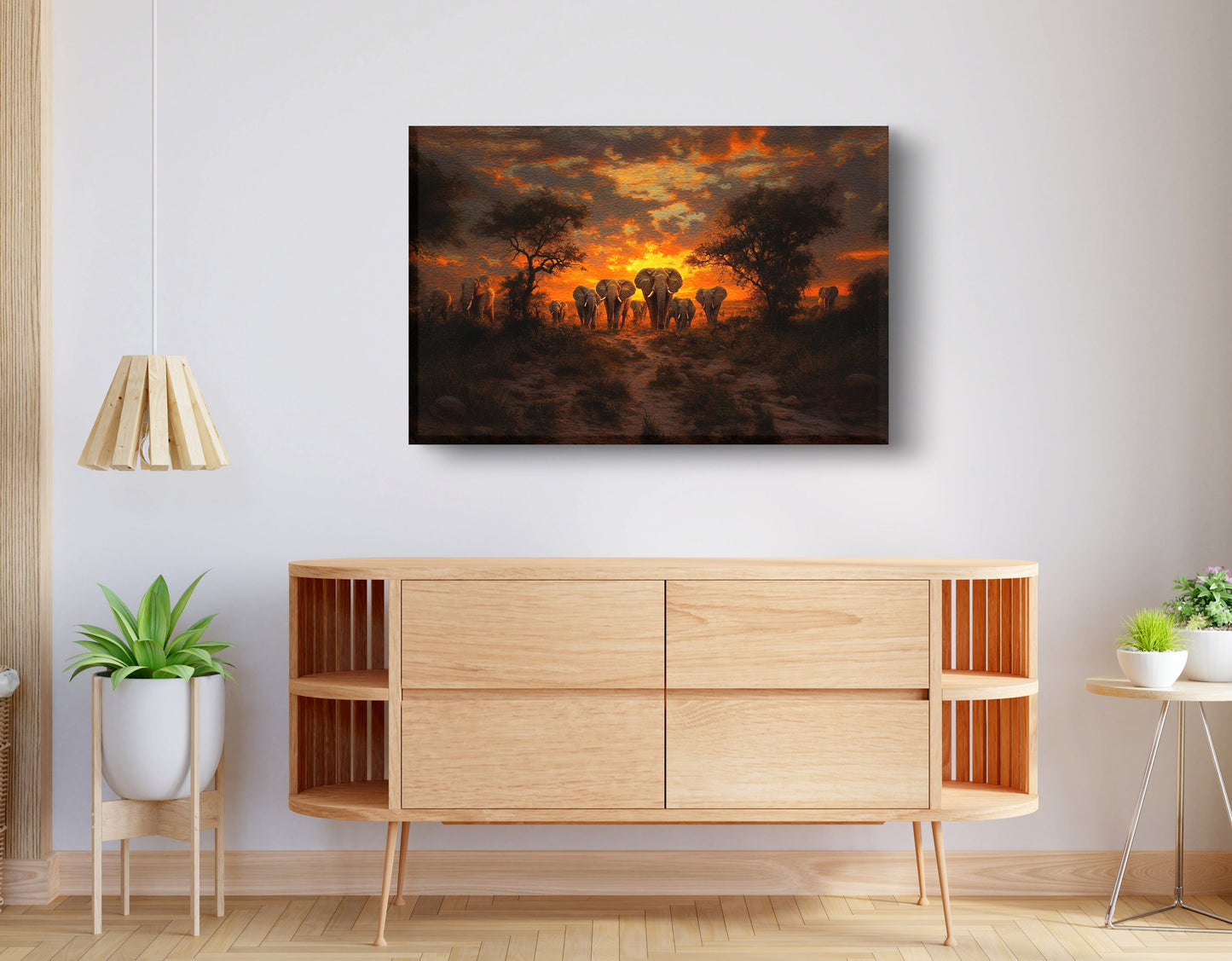 Elephant Sunset Safari Black Black culture wall art displayed as living room wall decor