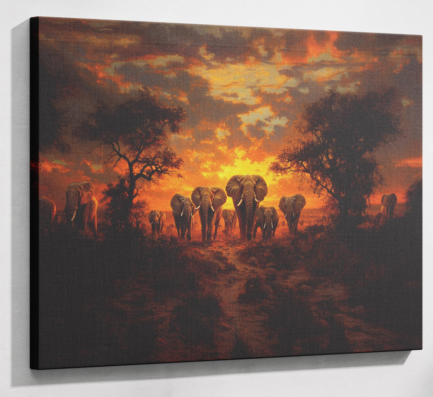 Elephant Sunset Safari Black Black culture wall art canvas print with visible wall art format