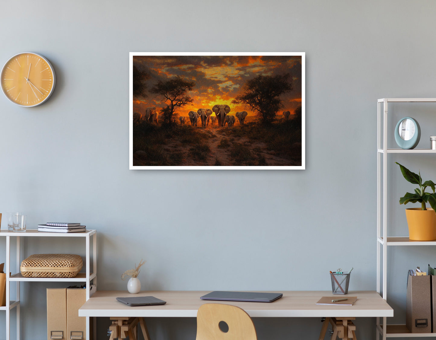 Elephant Sunset Safari Black Black culture wall art print view
