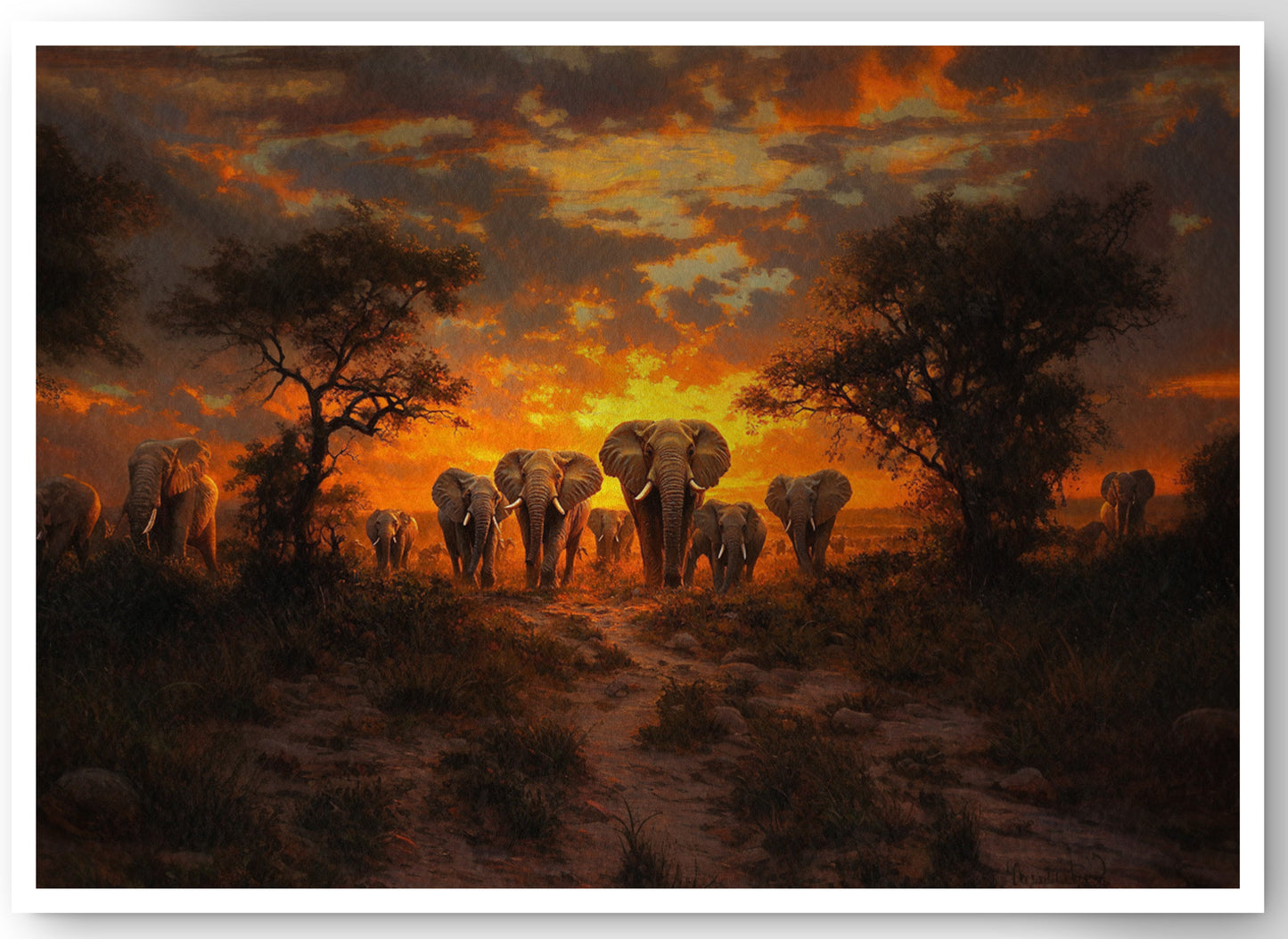 Elephant Sunset Safari Black Black culture wall art canvas print by MoomZee Artwork