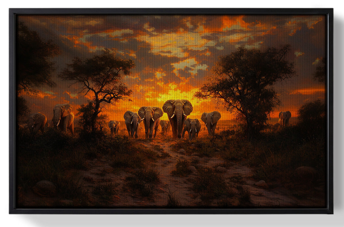 Framed Elephant Sunset Safari Black Black culture wall art for home decor