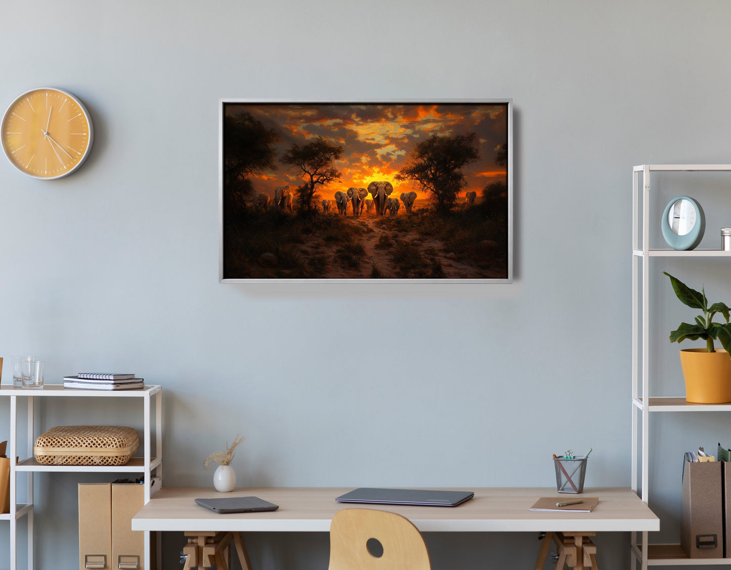 Elephant Sunset Safari Black Black culture wall art view 60