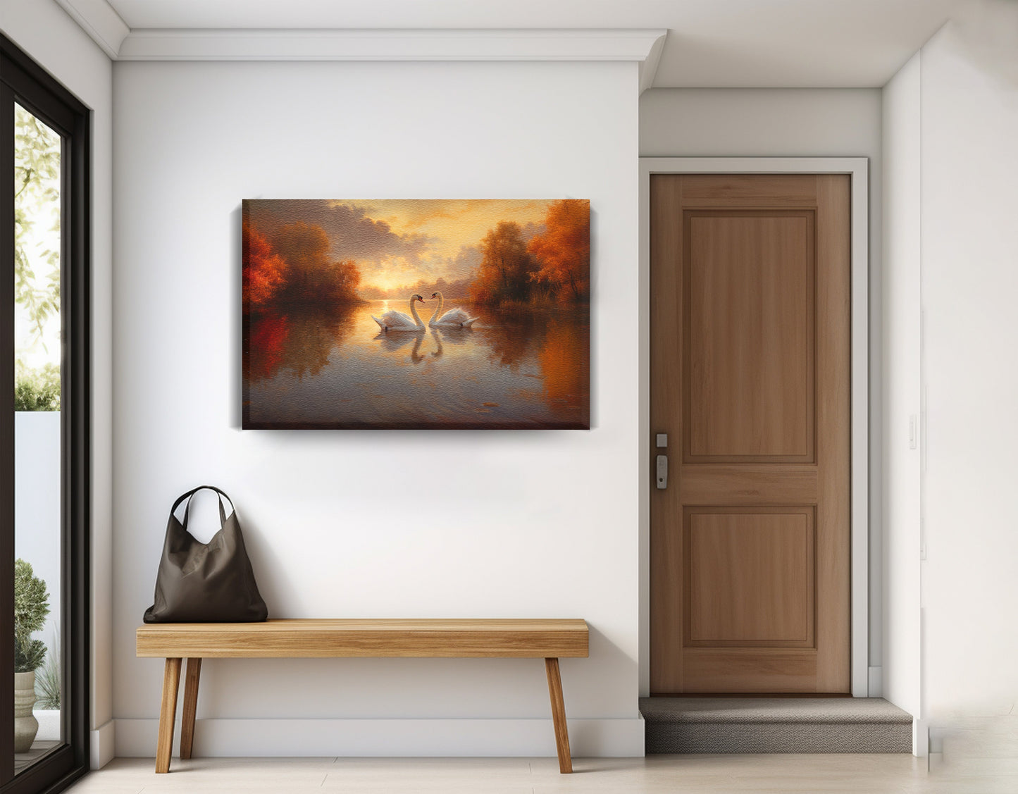 Romantic Swans at Sunset Black love wall art displayed as entryway wall decor