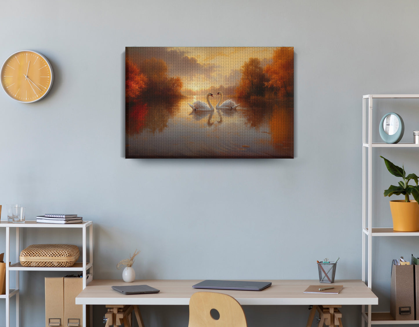 Romantic Swans at Sunset Black love wall art displayed as office wall decor