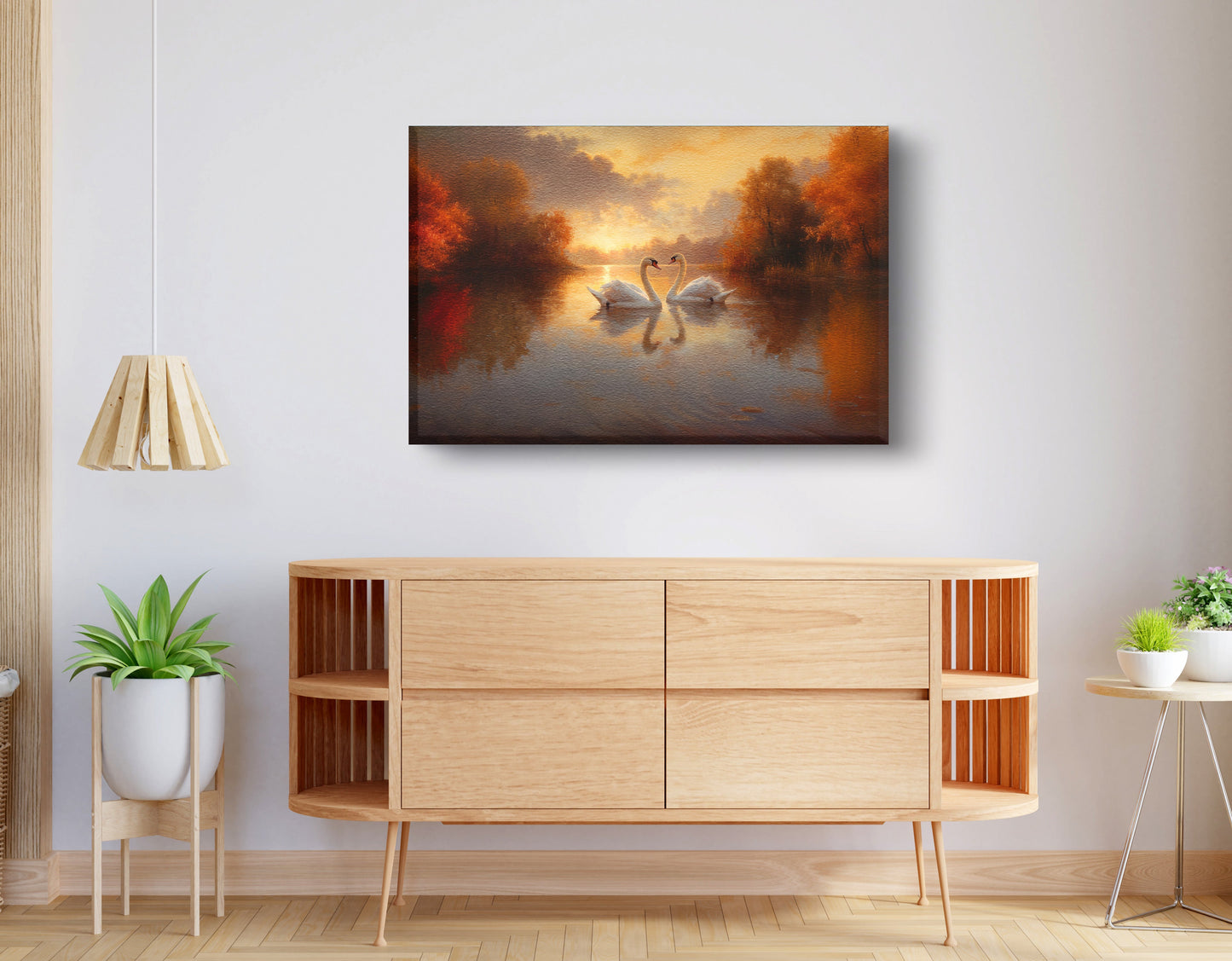 Romantic Swans at Sunset Black love wall art displayed as living room wall decor