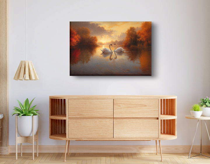Romantic Swans at Sunset African American Wall Art