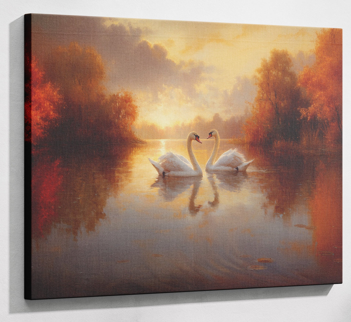 Romantic Swans at Sunset Black love wall art canvas print with visible wall art format