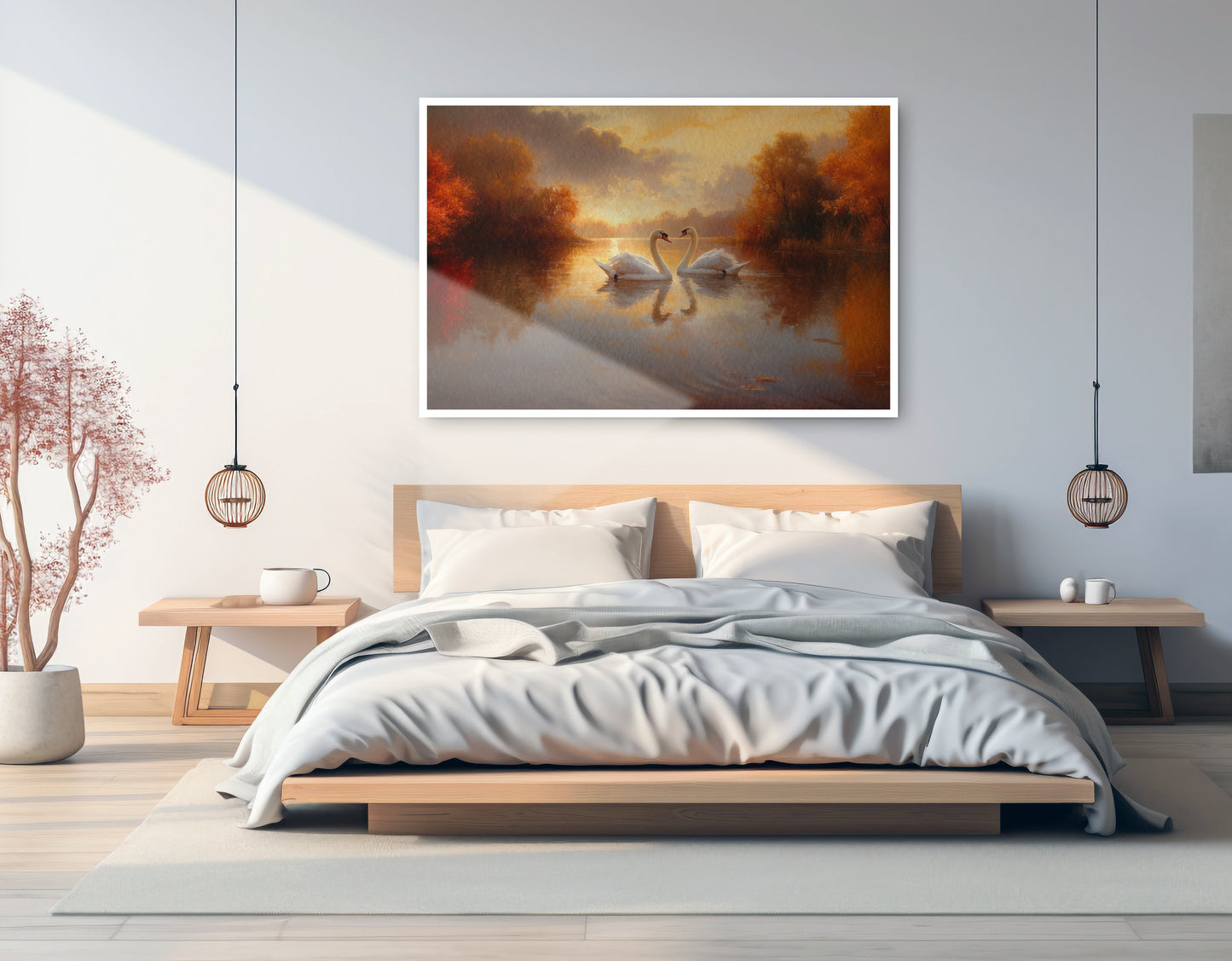 Romantic Swans at Sunset Black love wall art artwork view