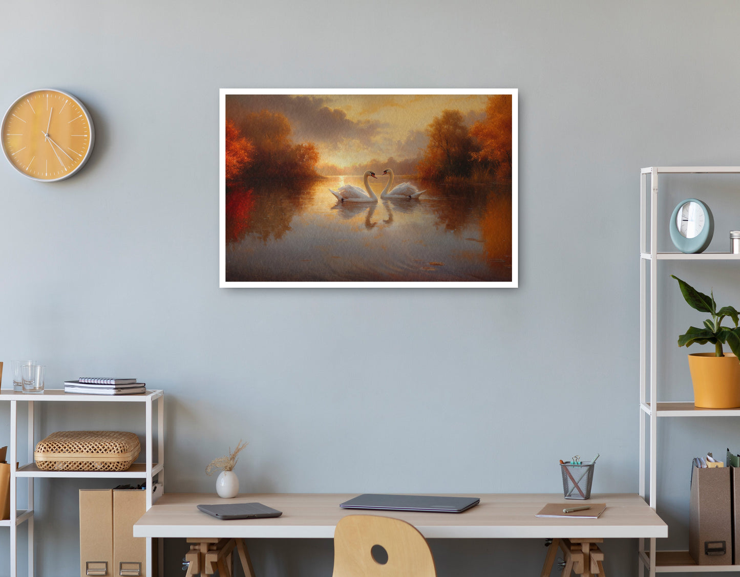 Romantic Swans at Sunset Black love wall art print view