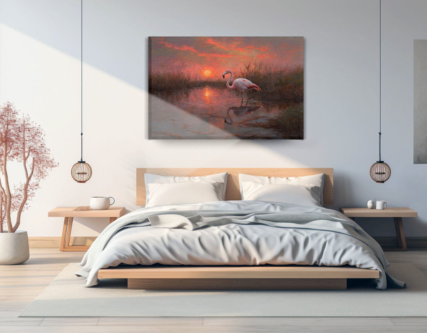Flamingo Lake Sunset African American canvas print displayed as bedroom wall decor