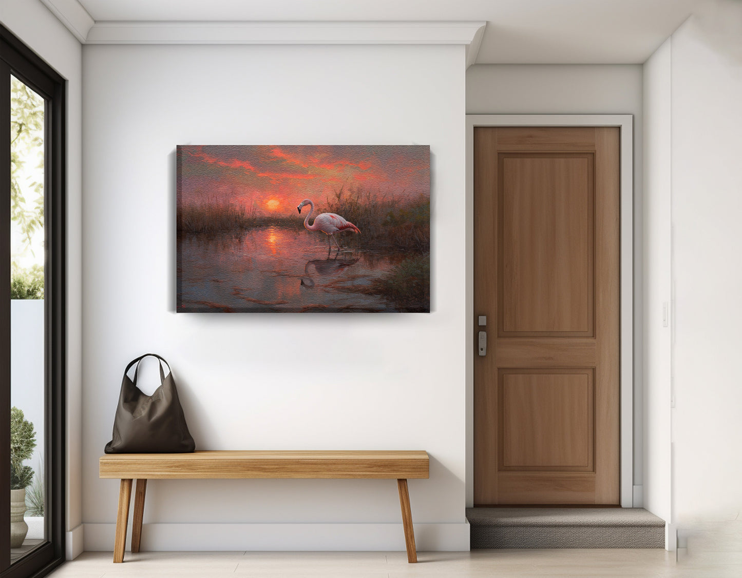 Flamingo Lake Sunset African American canvas print displayed as entryway wall decor