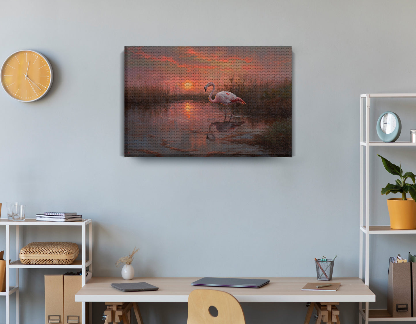 Flamingo Lake Sunset African American canvas print displayed as office wall decor