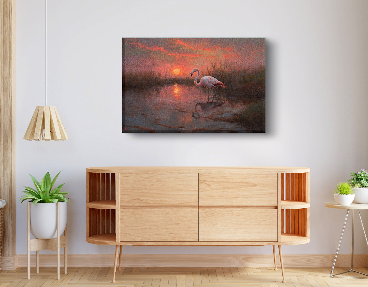 Flamingo Lake Sunset African American canvas print displayed as living room wall decor