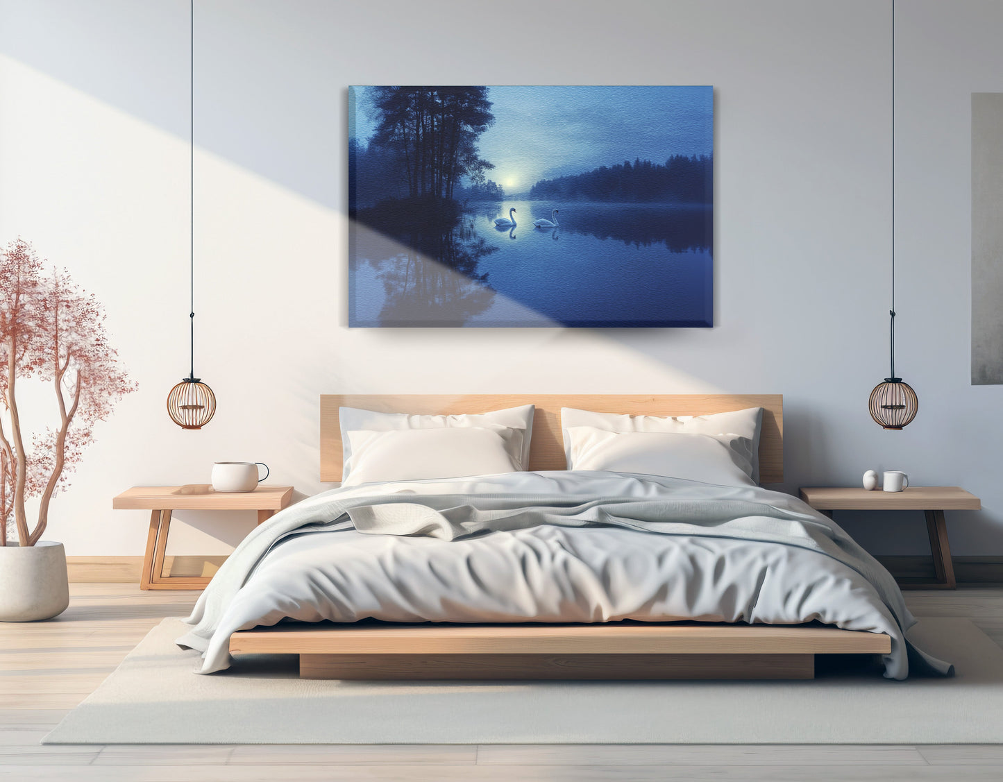 Blue Moon Swan Lake African American canvas print displayed as bedroom wall decor