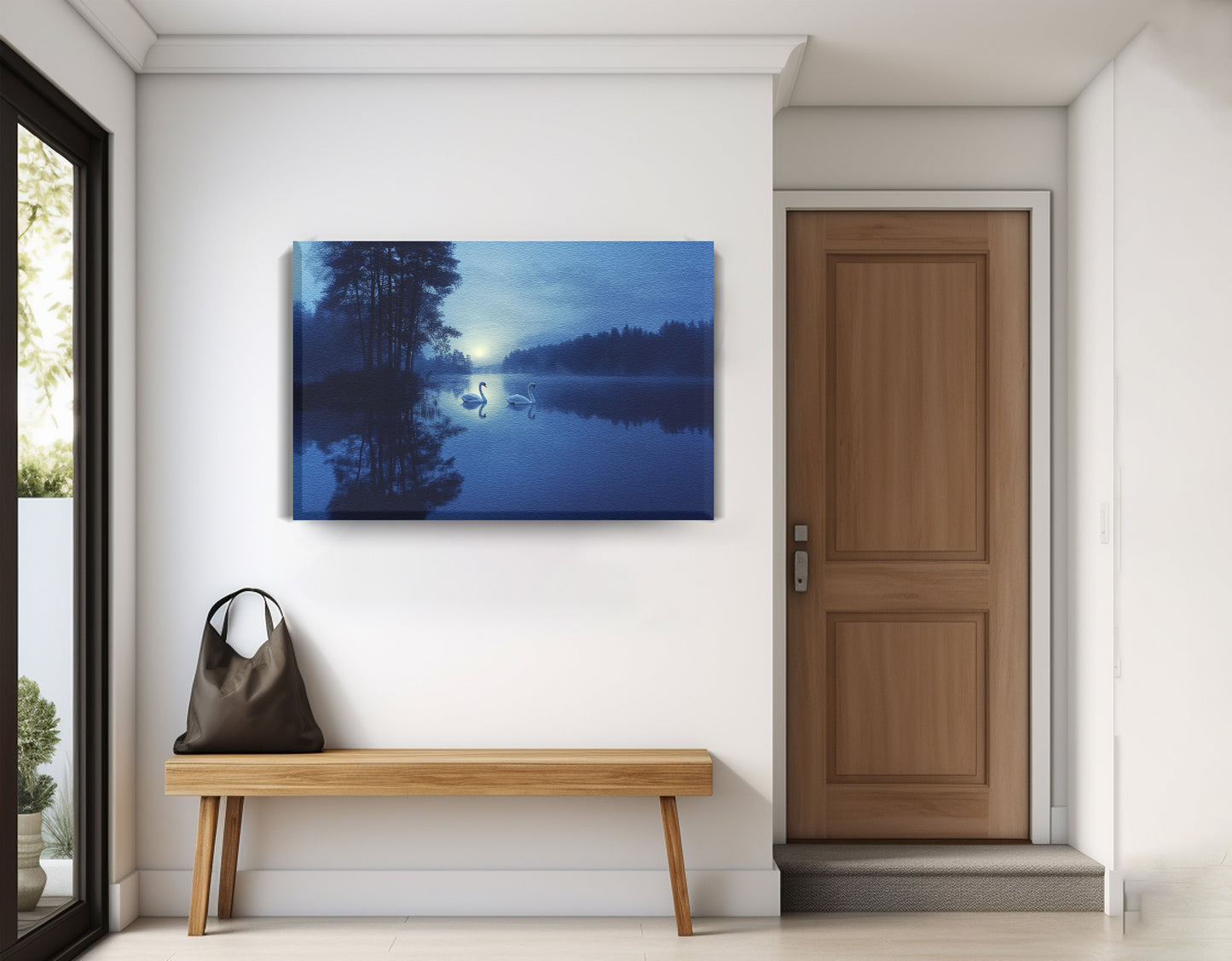 Blue Moon Swan Lake African American canvas print displayed as entryway wall decor