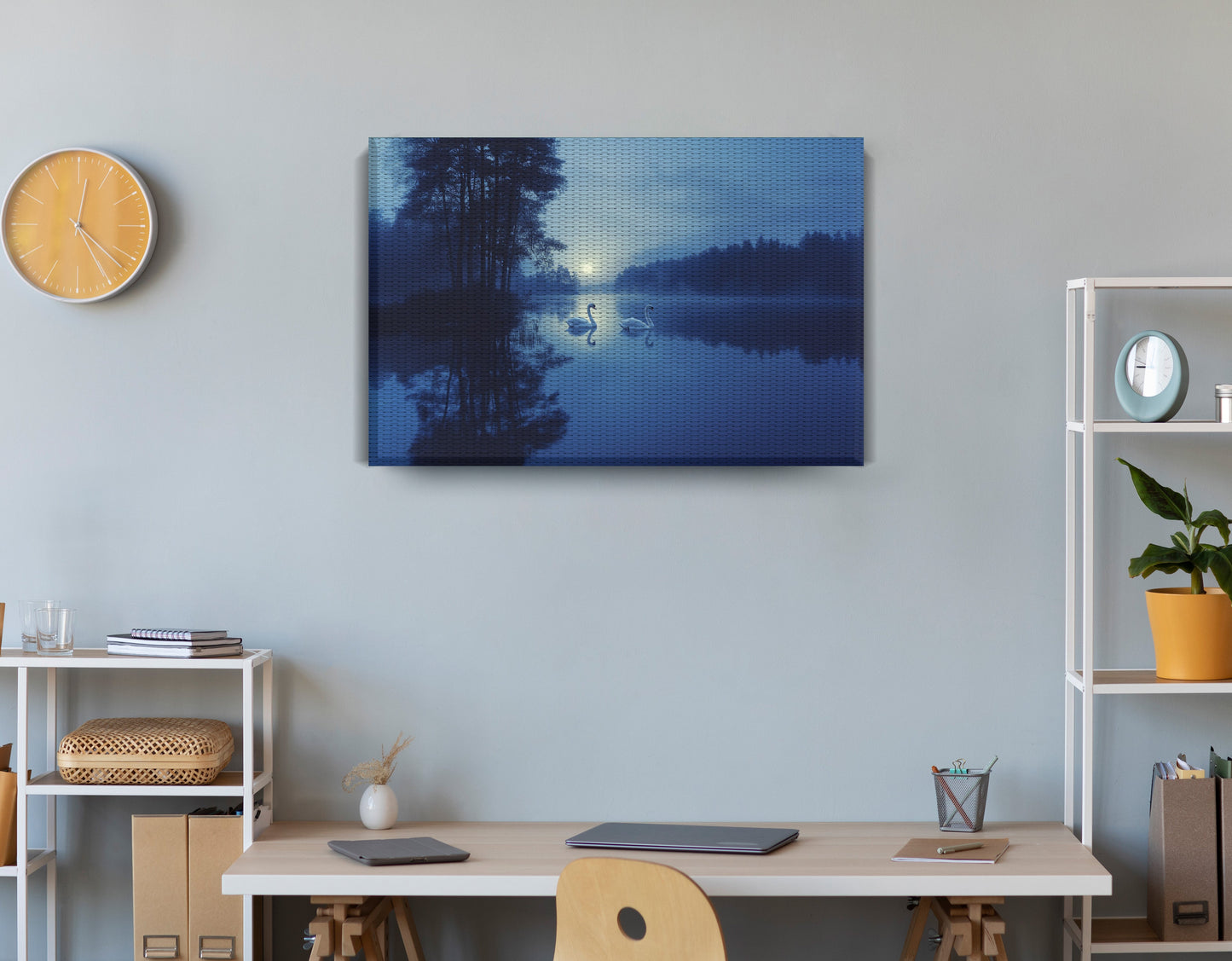 Blue Moon Swan Lake African American canvas print displayed as office wall decor