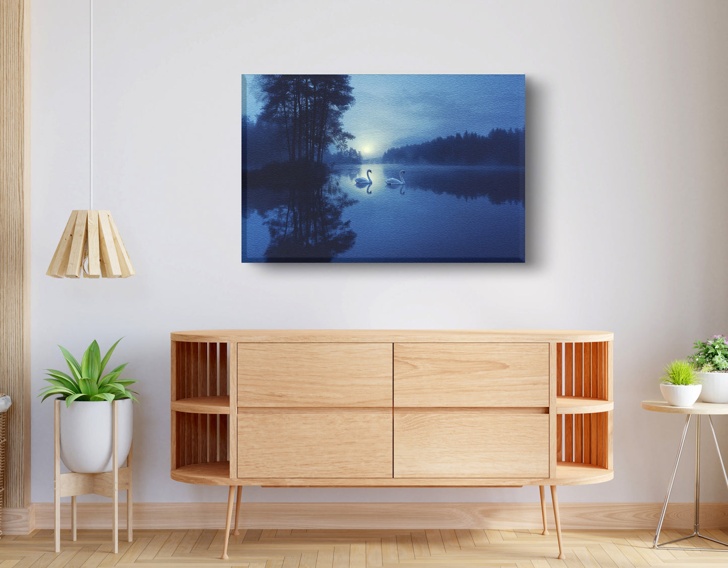 Blue Moon Swan Lake African American canvas print displayed as living room wall decor