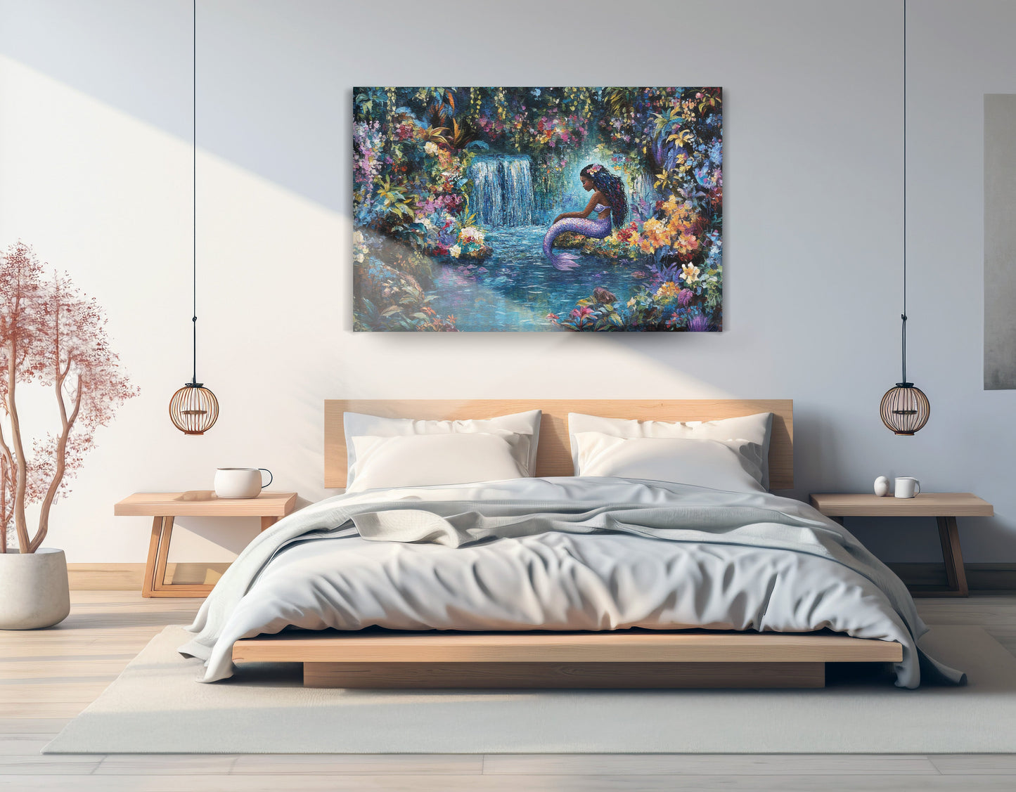 Black Mermaid Waterfall Fantasy African American canvas print displayed as bedroom wall decor