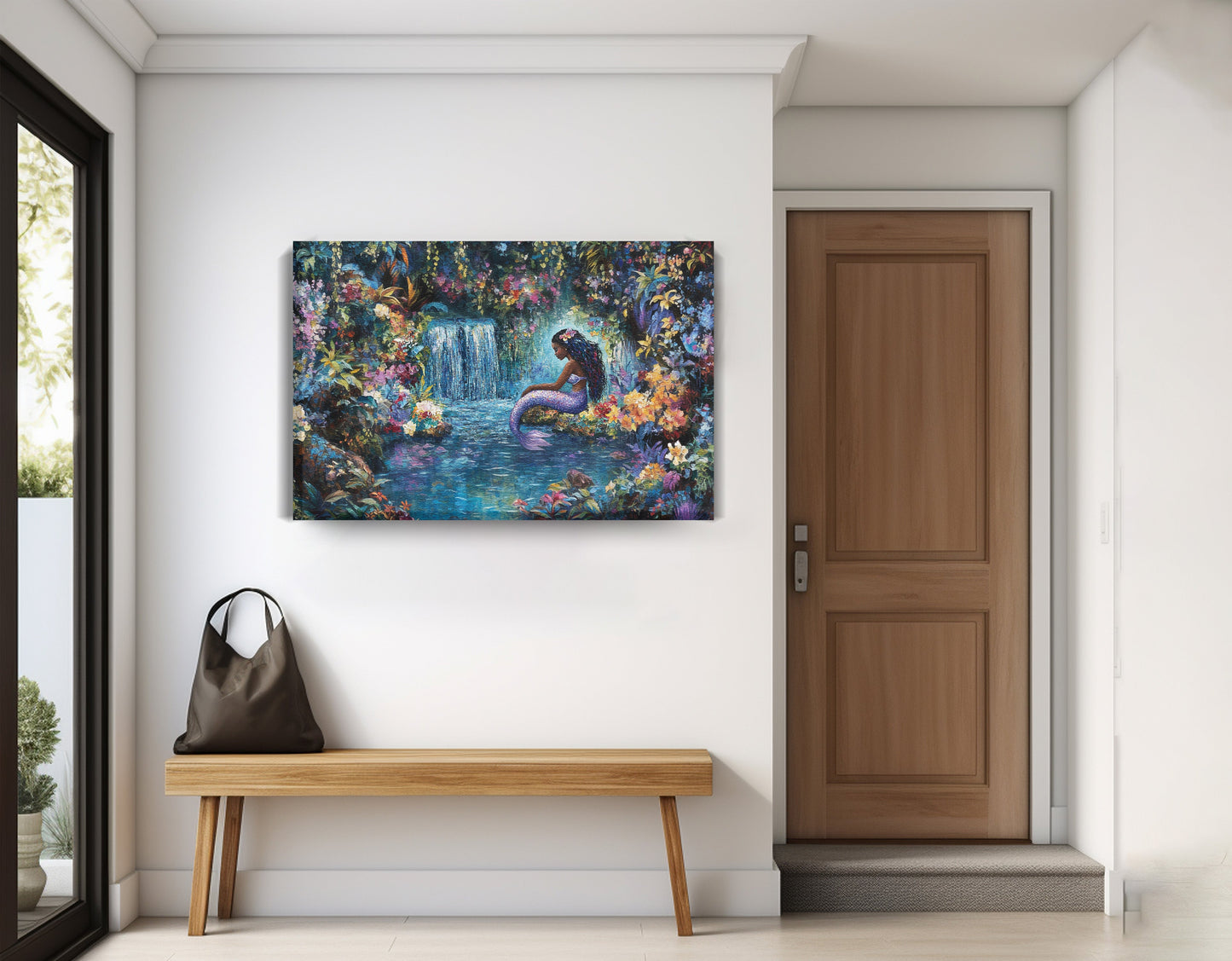 Black Mermaid Waterfall Fantasy African American canvas print displayed as entryway wall decor