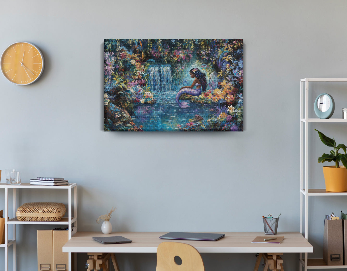 Black Mermaid Waterfall Fantasy African American canvas print displayed as office wall decor