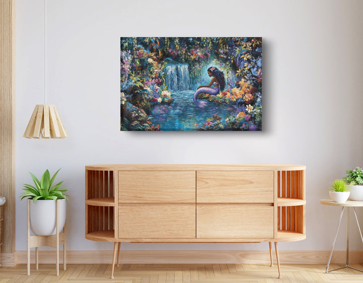 Black Mermaid Waterfall Fantasy Wall Art Print
