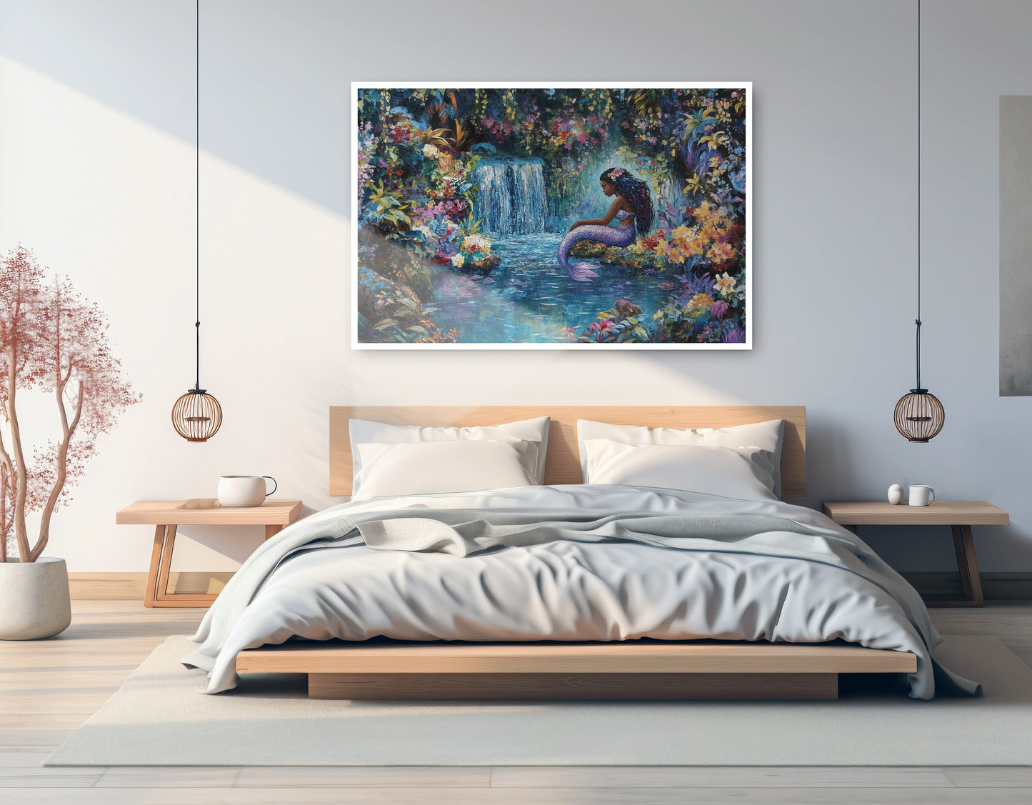 Black Mermaid Waterfall Fantasy African American canvas print artwork view