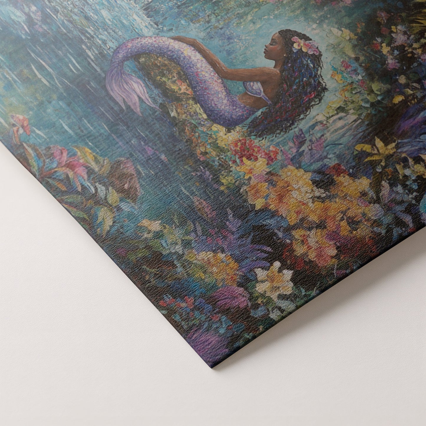 Black Mermaid Waterfall Fantasy African American canvas print artwork by MoomZee Artwork
