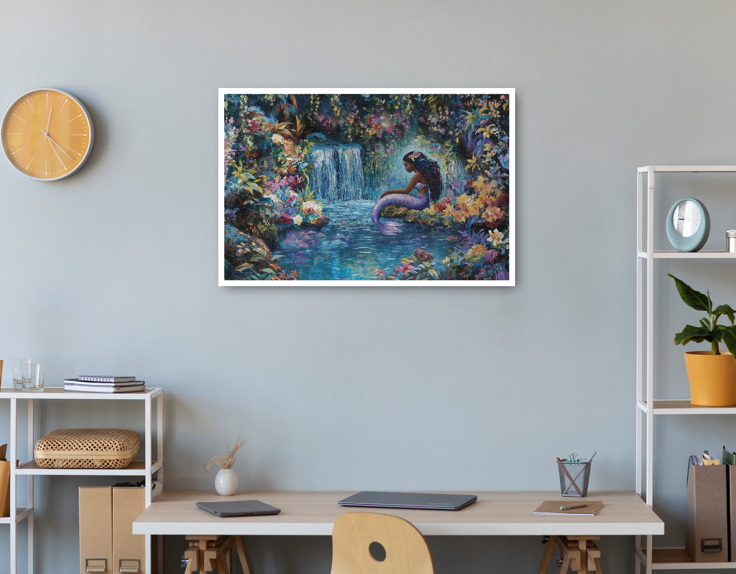 Black Mermaid Waterfall Fantasy African American canvas print print view