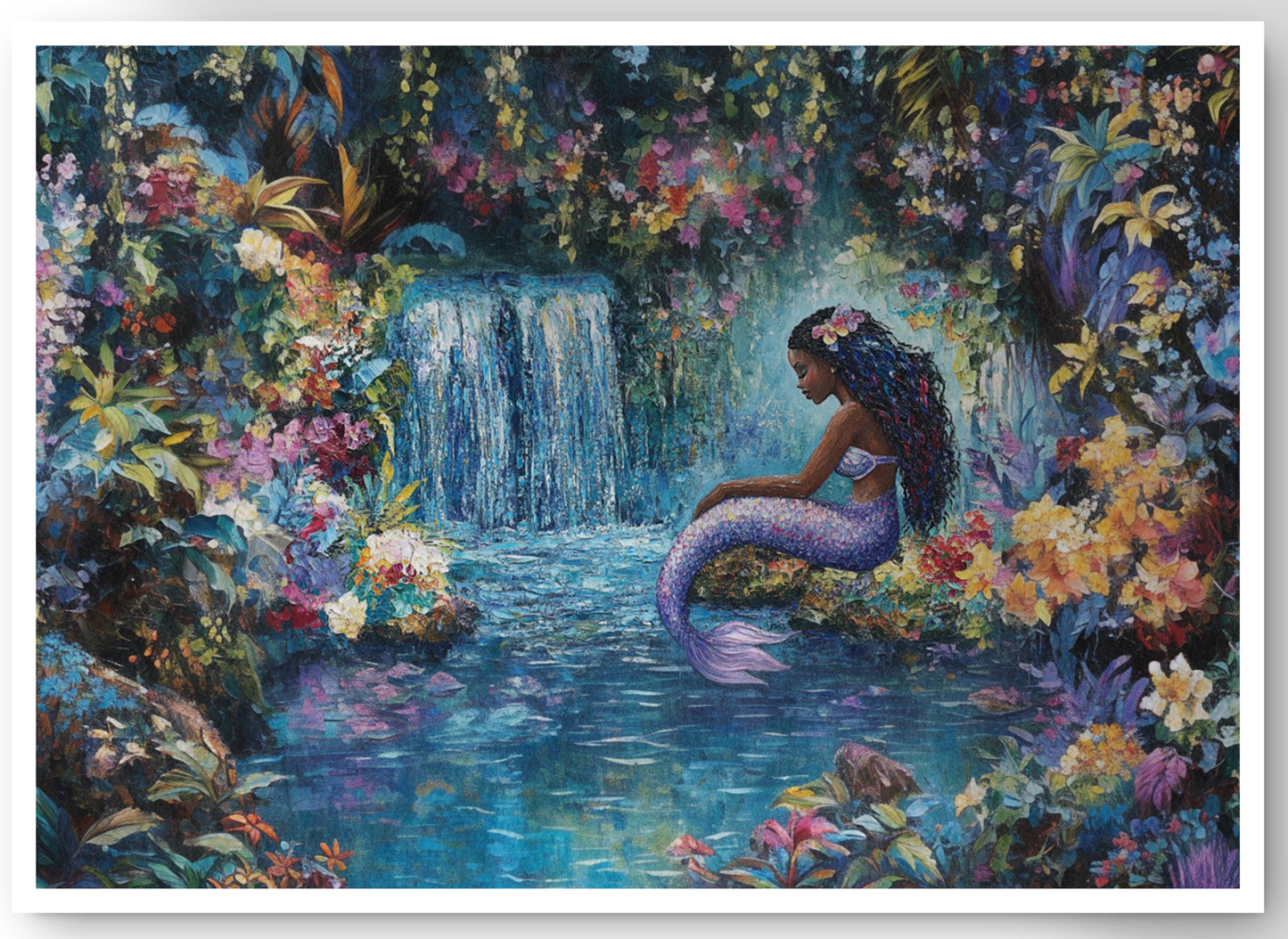 Black Mermaid Waterfall Fantasy African American canvas print by MoomZee Artwork