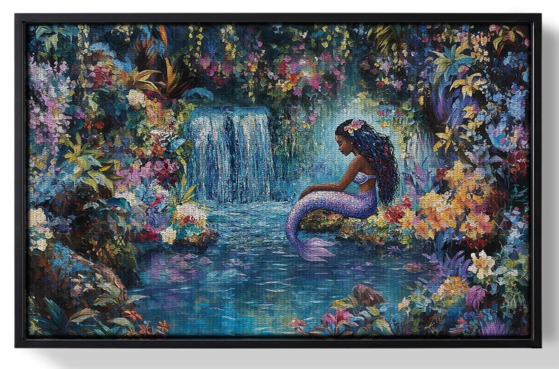 Framed Black Mermaid Waterfall Fantasy African American canvas print for home decor