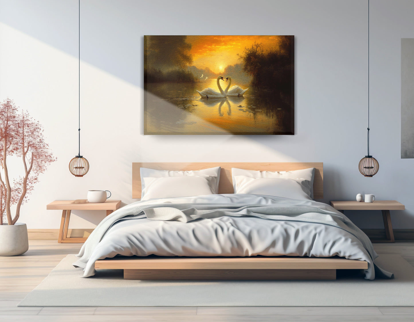 Golden Swan Lake African American canvas print displayed as bedroom wall decor