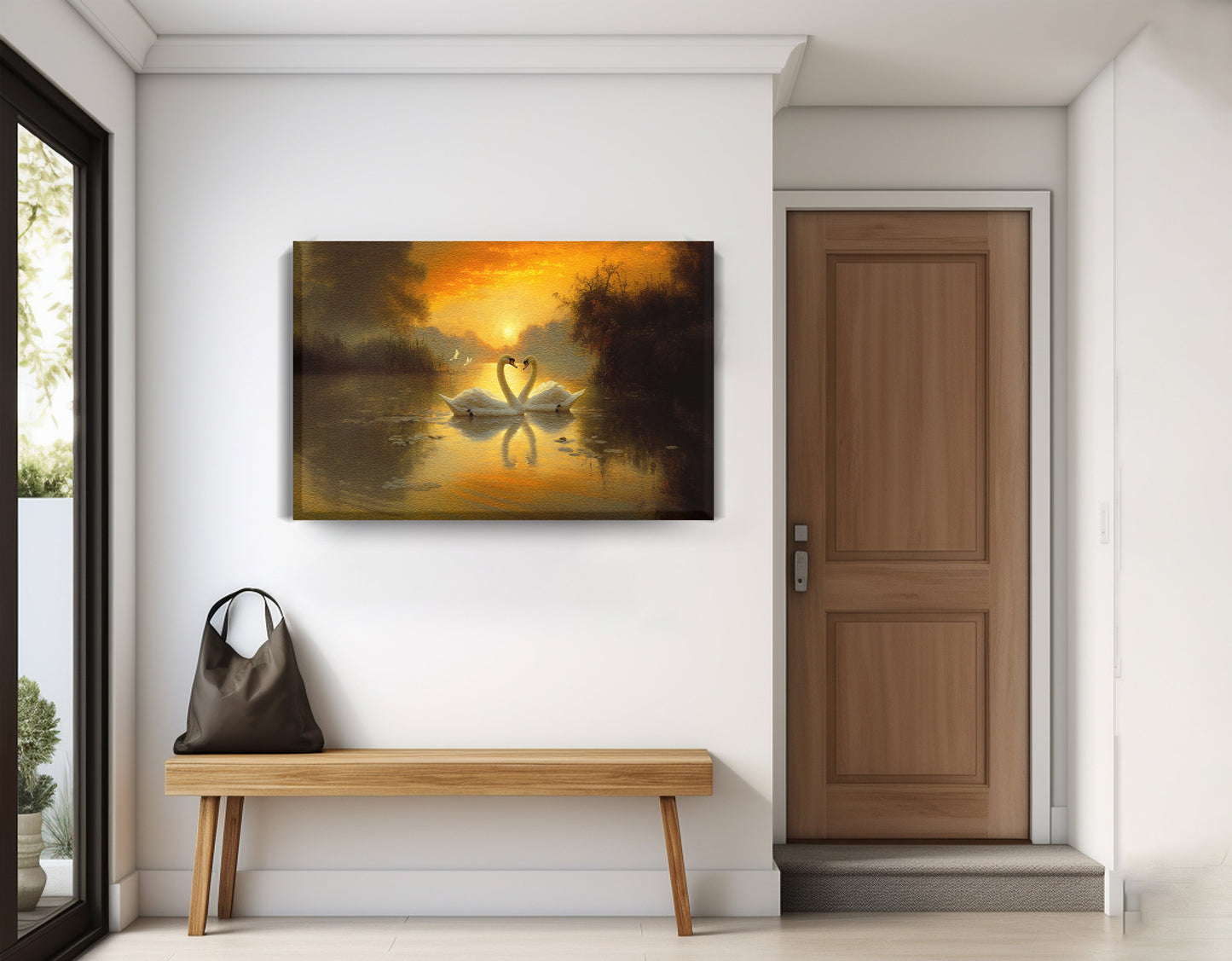 Golden Swan Lake African American canvas print displayed as entryway wall decor
