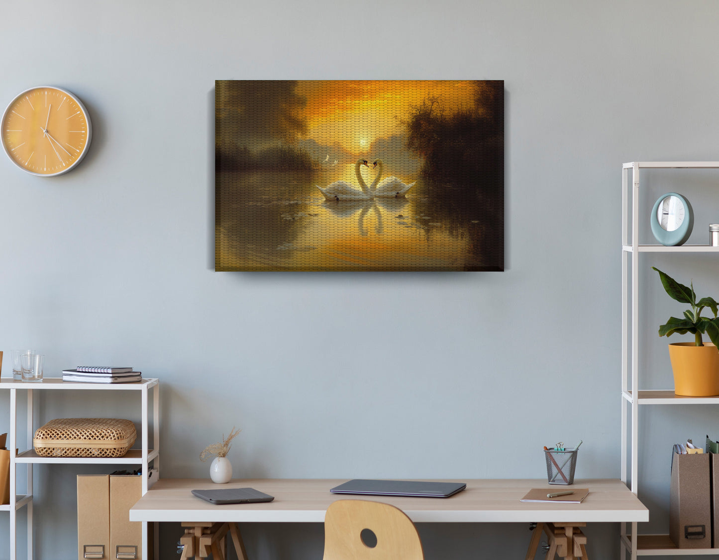 Golden Swan Lake African American canvas print displayed as office wall decor