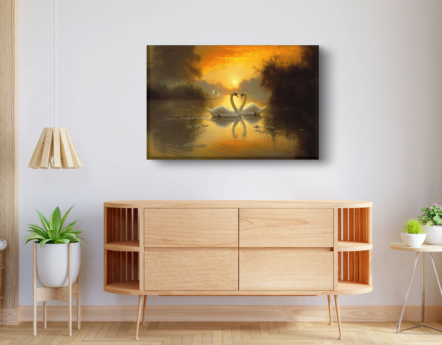Golden Swan Lake African American canvas print displayed as living room wall decor