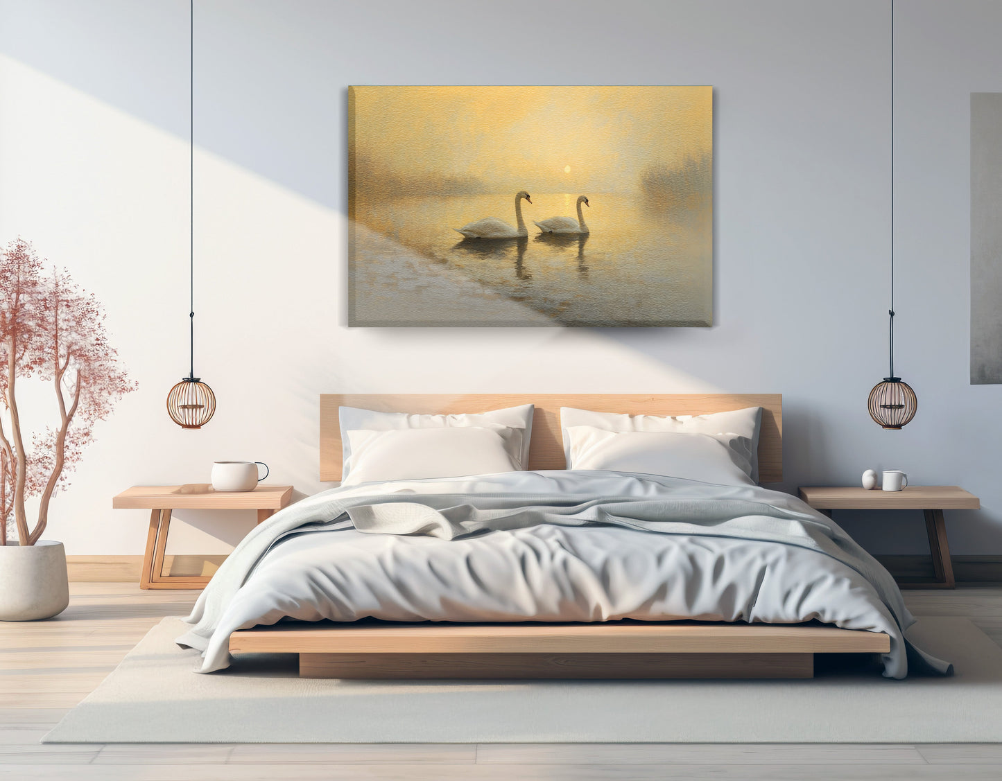 Misty Swan Lake African American canvas print displayed as bedroom wall decor