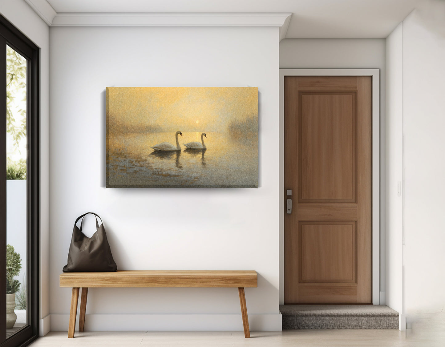 Misty Swan Lake African American canvas print displayed as entryway wall decor