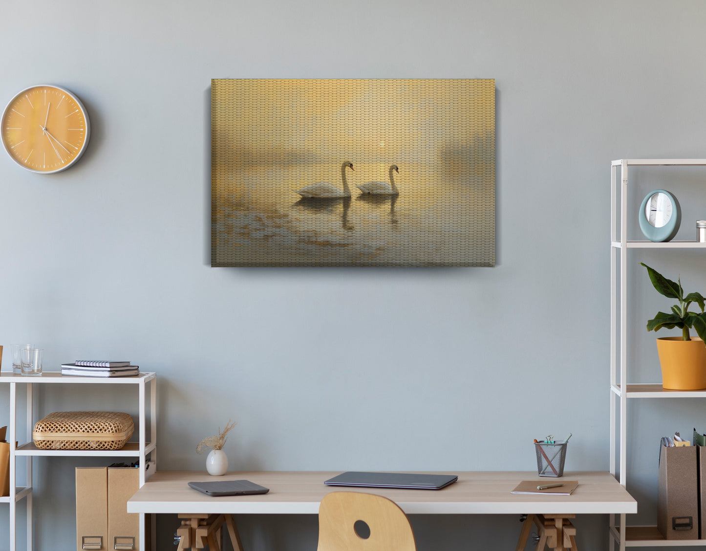 Misty Swan Lake African American canvas print displayed as office wall decor