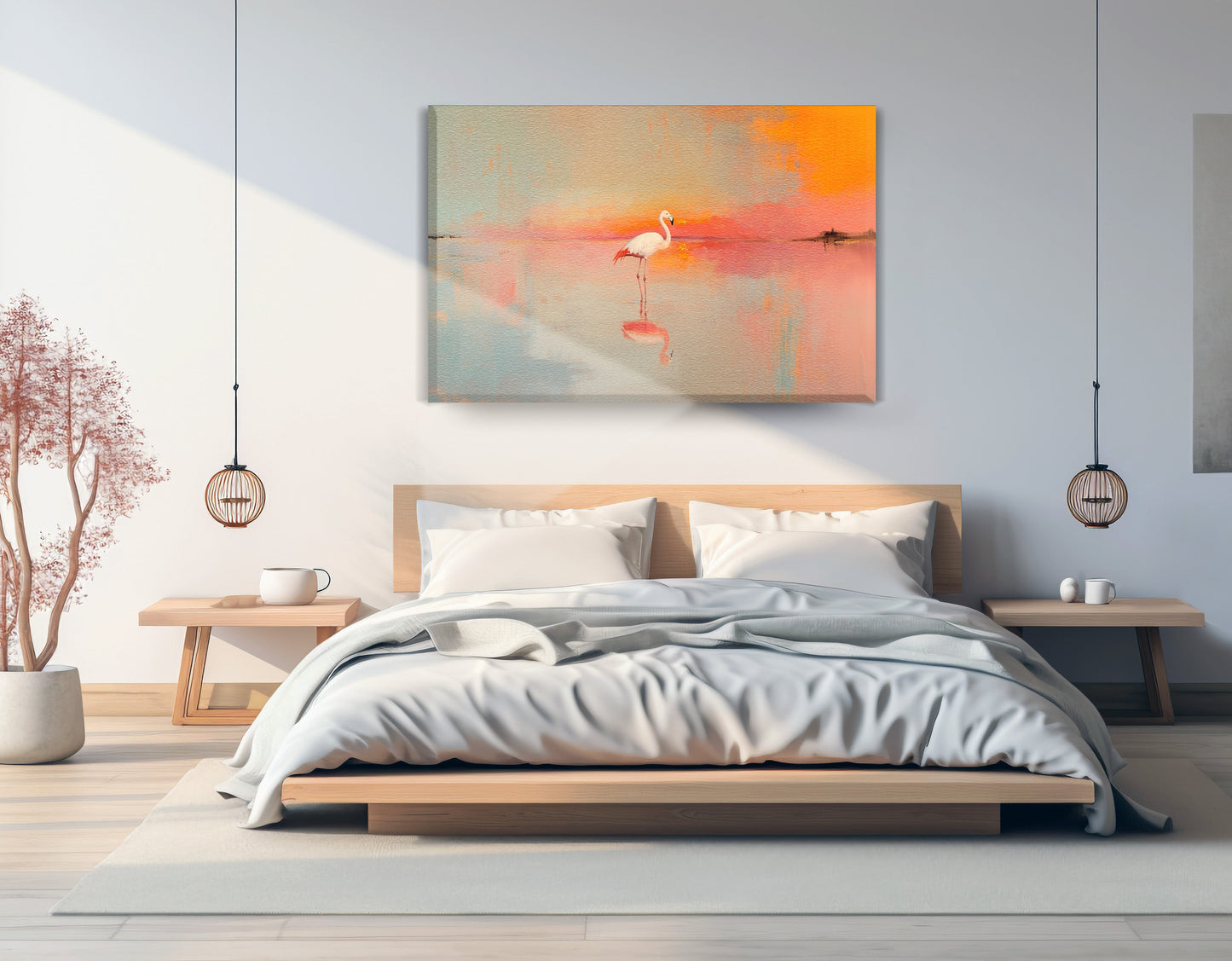 Pink Flamingo Lake African American canvas print displayed as bedroom wall decor