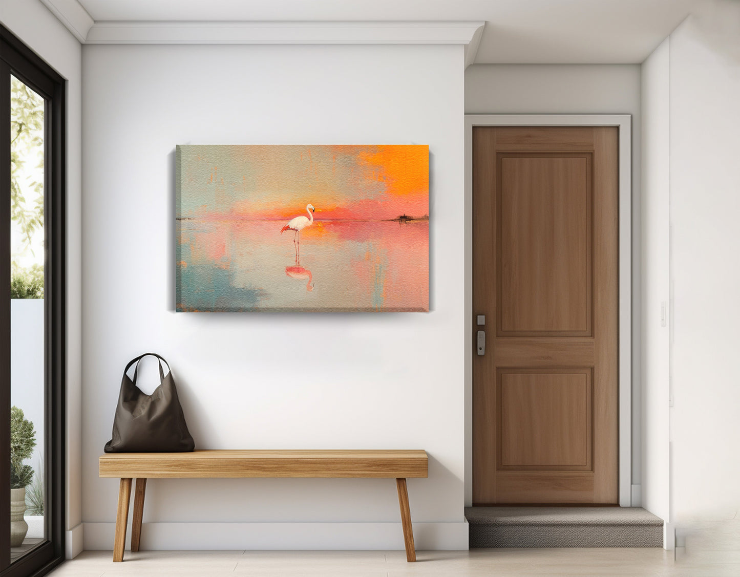 Pink Flamingo Lake African American canvas print displayed as entryway wall decor