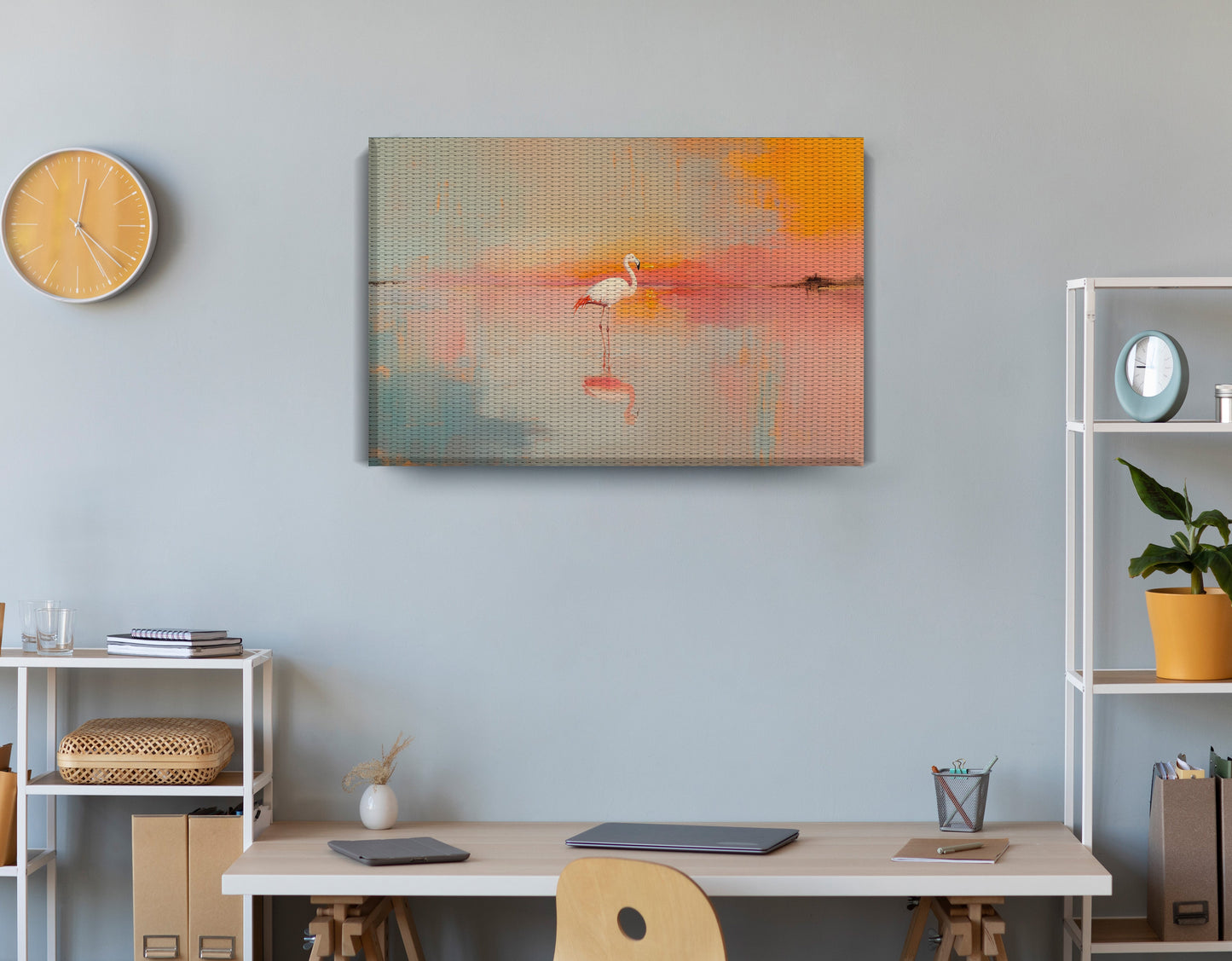 Pink Flamingo Lake African American canvas print displayed as office wall decor