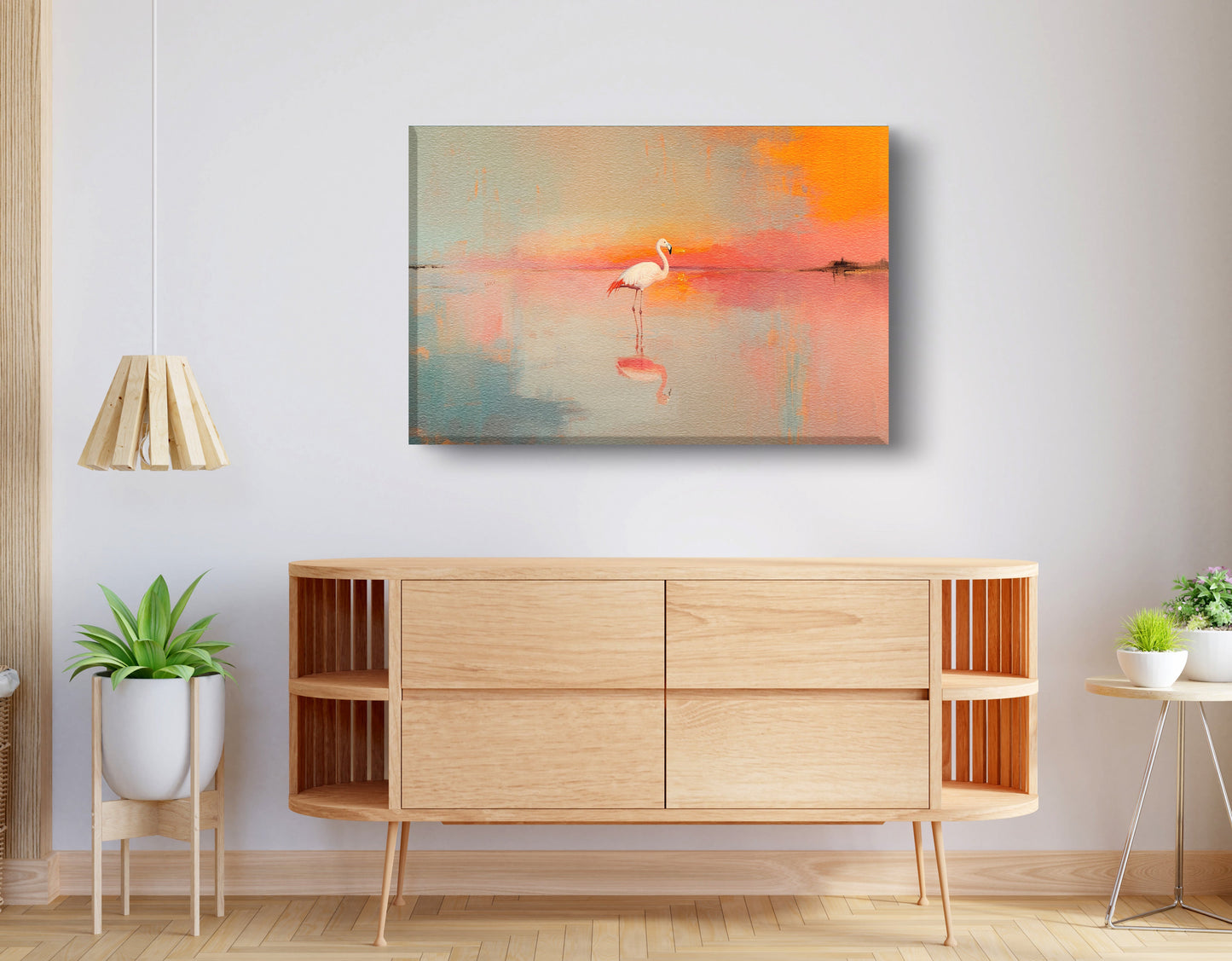 Pink Flamingo Lake African American canvas print displayed as living room wall decor