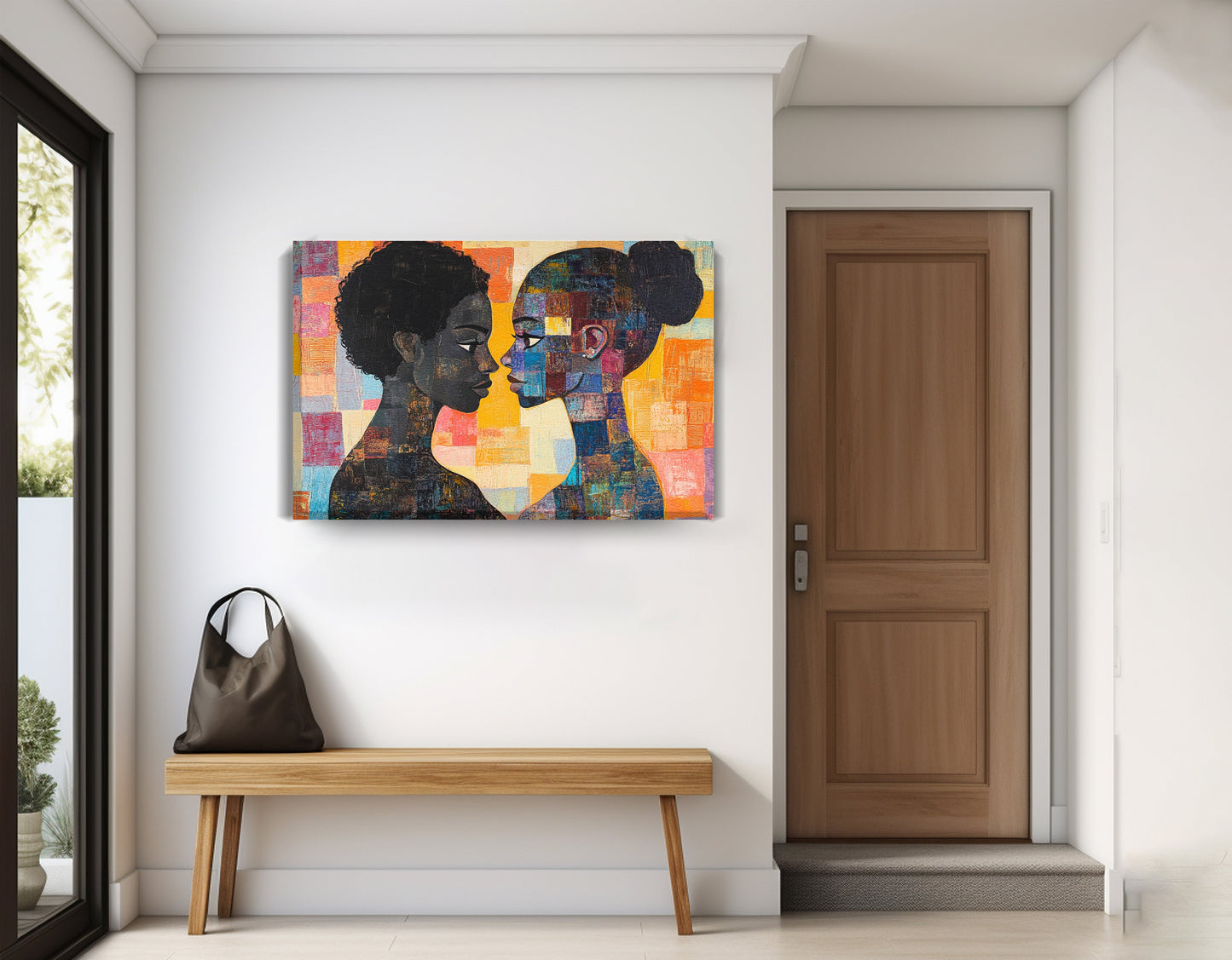 Black Lesbian Couple Portrait Black love wall art displayed as entryway wall decor