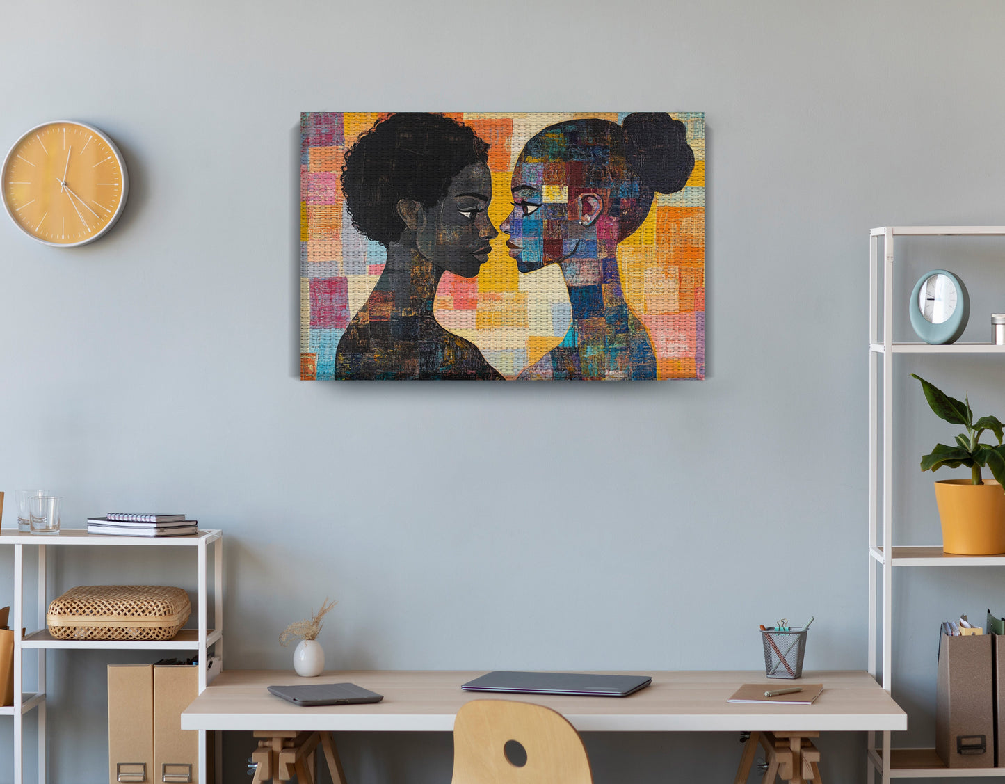 Black Lesbian Couple Portrait Black love wall art displayed as office wall decor