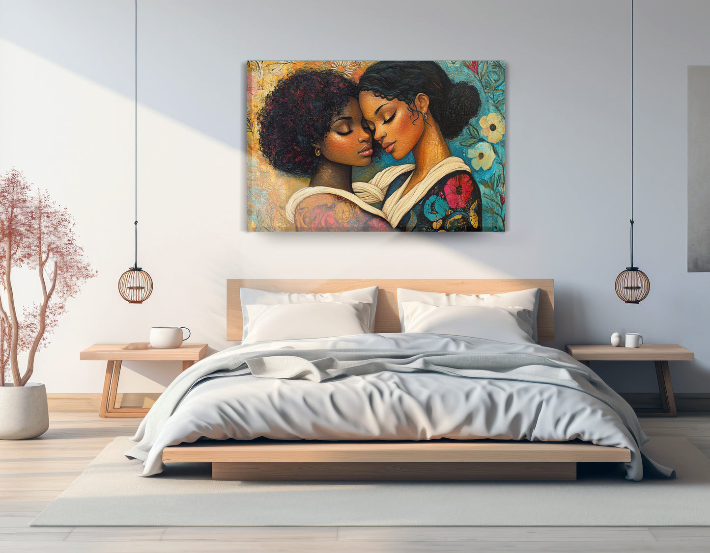 Black Lesbian Couple Embrace Black love wall art displayed as bedroom wall decor