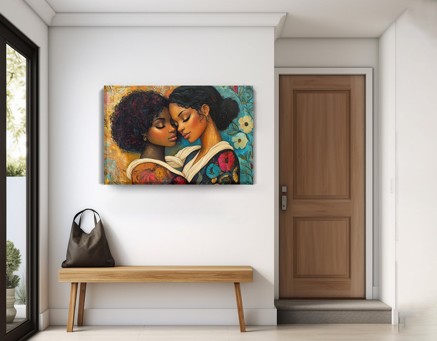 Black Lesbian Couple Embrace Black love wall art displayed as entryway wall decor