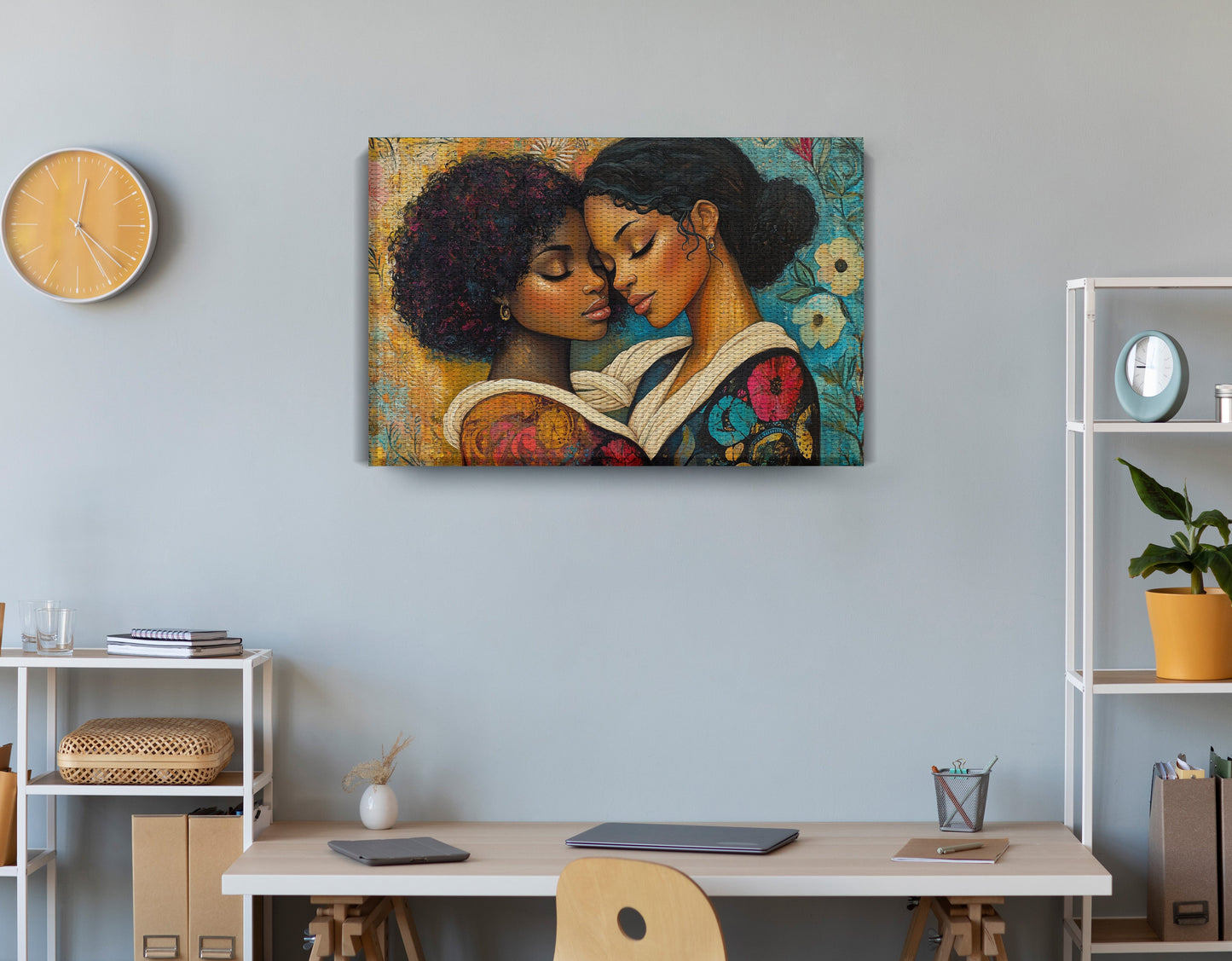 Black Lesbian Couple Embrace Black love wall art displayed as office wall decor