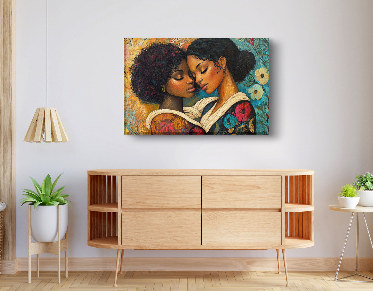Black Lesbian Couple Embrace Black love wall art displayed as living room wall decor