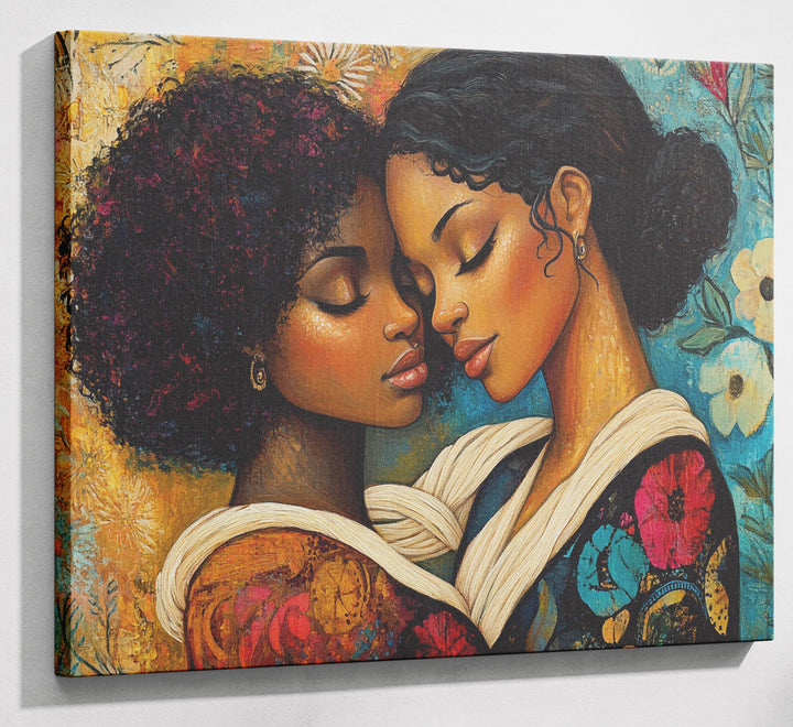 Black Lesbian Couple Embrace Black love wall art canvas print with visible wall art format